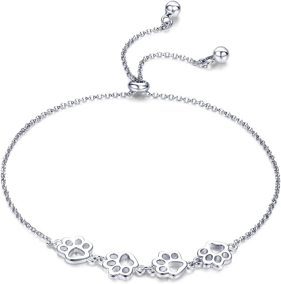 Pulsera ajustable de plata de ley con huella de pata de perro