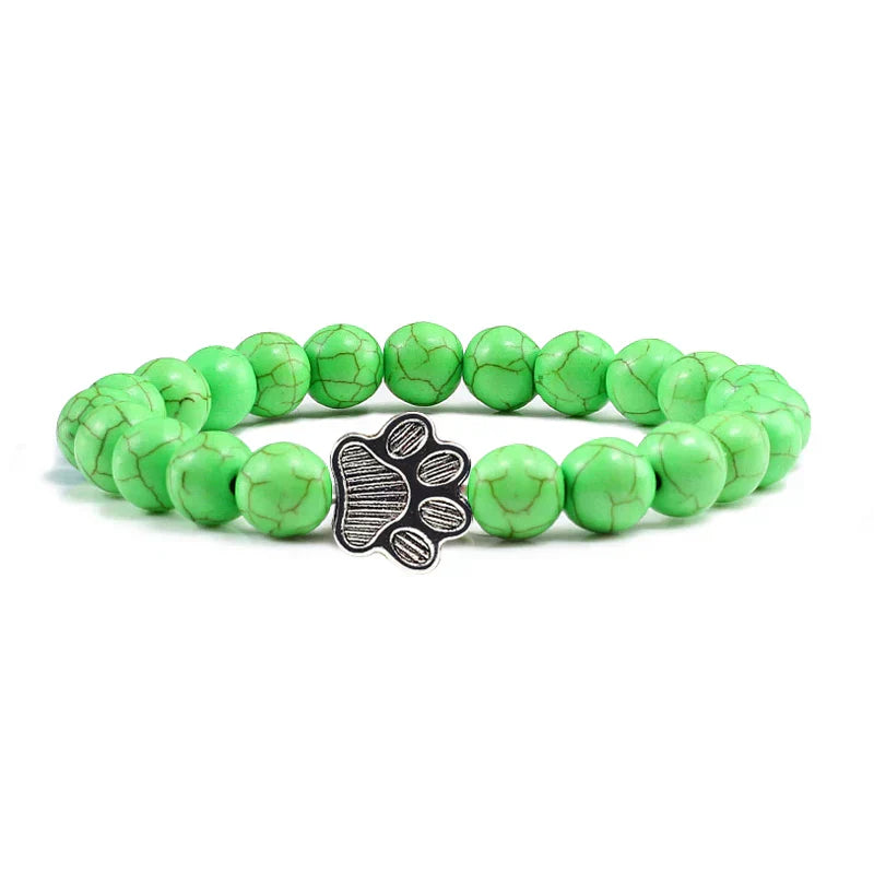 Pulsera de piedra natural con colgante de pata de animal – Pulsera elástica de cuentas para hombres y mujeres