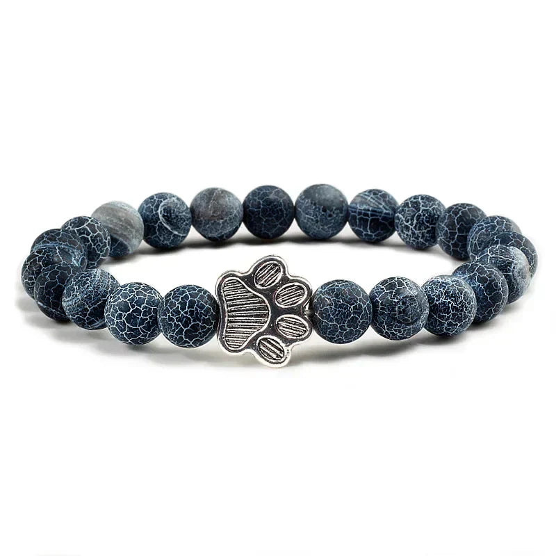 Pulsera de piedra natural con colgante de pata de animal – Pulsera elástica de cuentas para hombres y mujeres