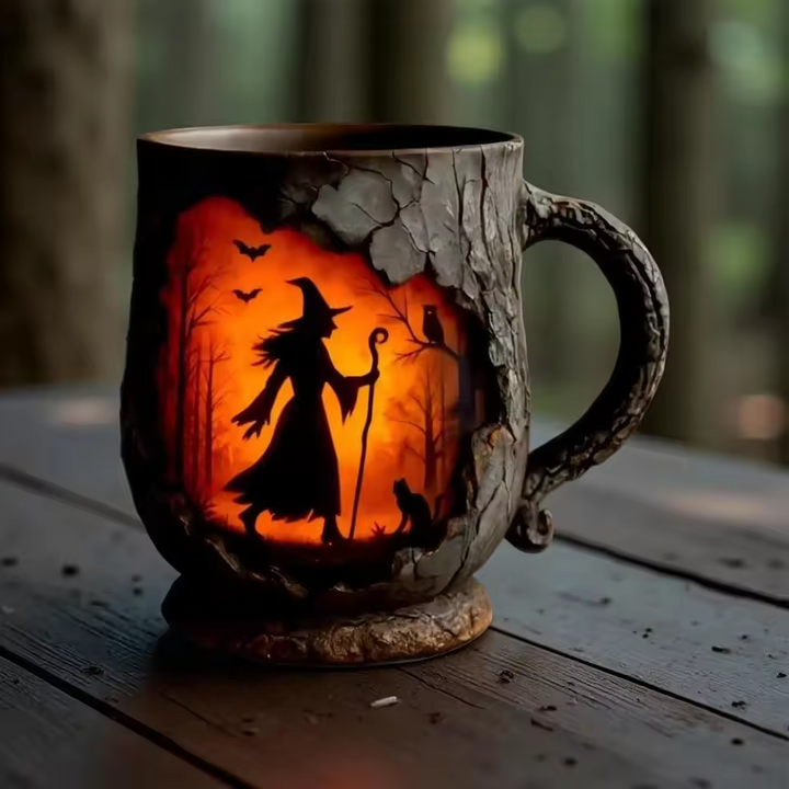 Taza de Halloween en 3D hecha a mano – Diseño de bruja y gato