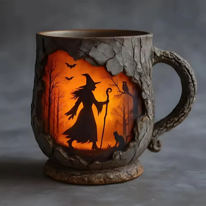 Taza de Halloween en 3D hecha a mano – Diseño de bruja y gato