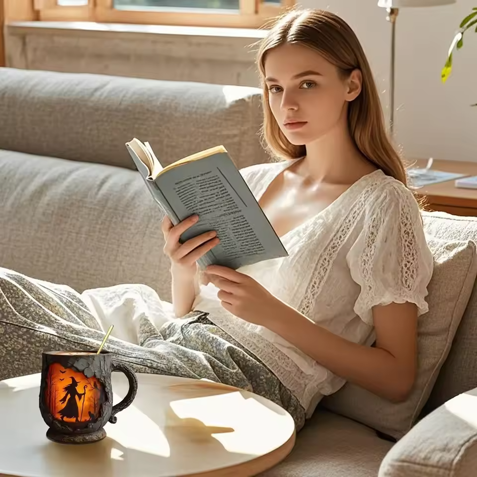 Taza de Halloween en 3D hecha a mano – Diseño de bruja y gato