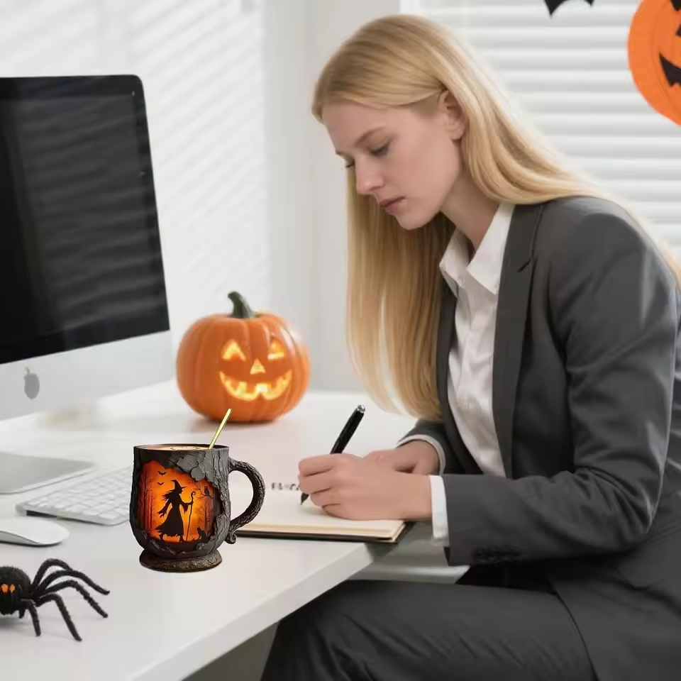 Taza de Halloween en 3D hecha a mano – Diseño de bruja y gato