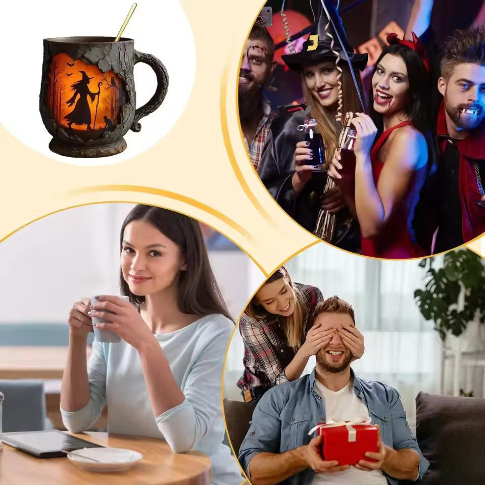 Taza de Halloween en 3D hecha a mano – Diseño de bruja y gato