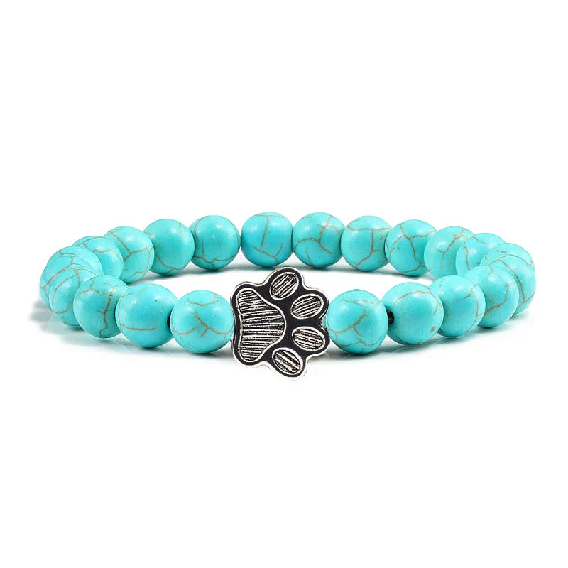 Pulsera de piedra natural con colgante de pata de animal – Pulsera elástica de cuentas para hombres y mujeres