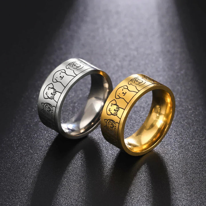 Anillo ancho de acero inoxidable con motivos de perro – Diseño grabado para mujer