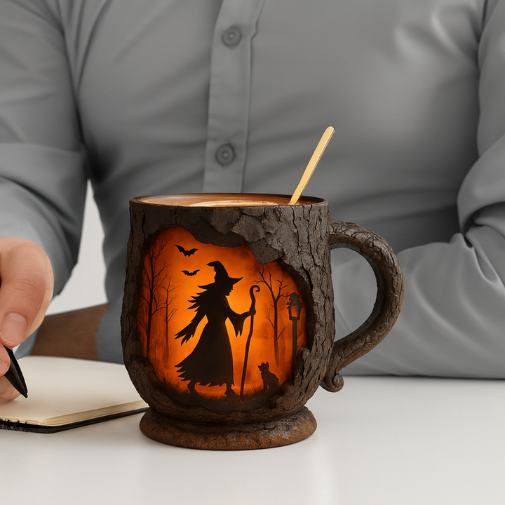 Taza de Halloween en 3D hecha a mano – Diseño de bruja y gato